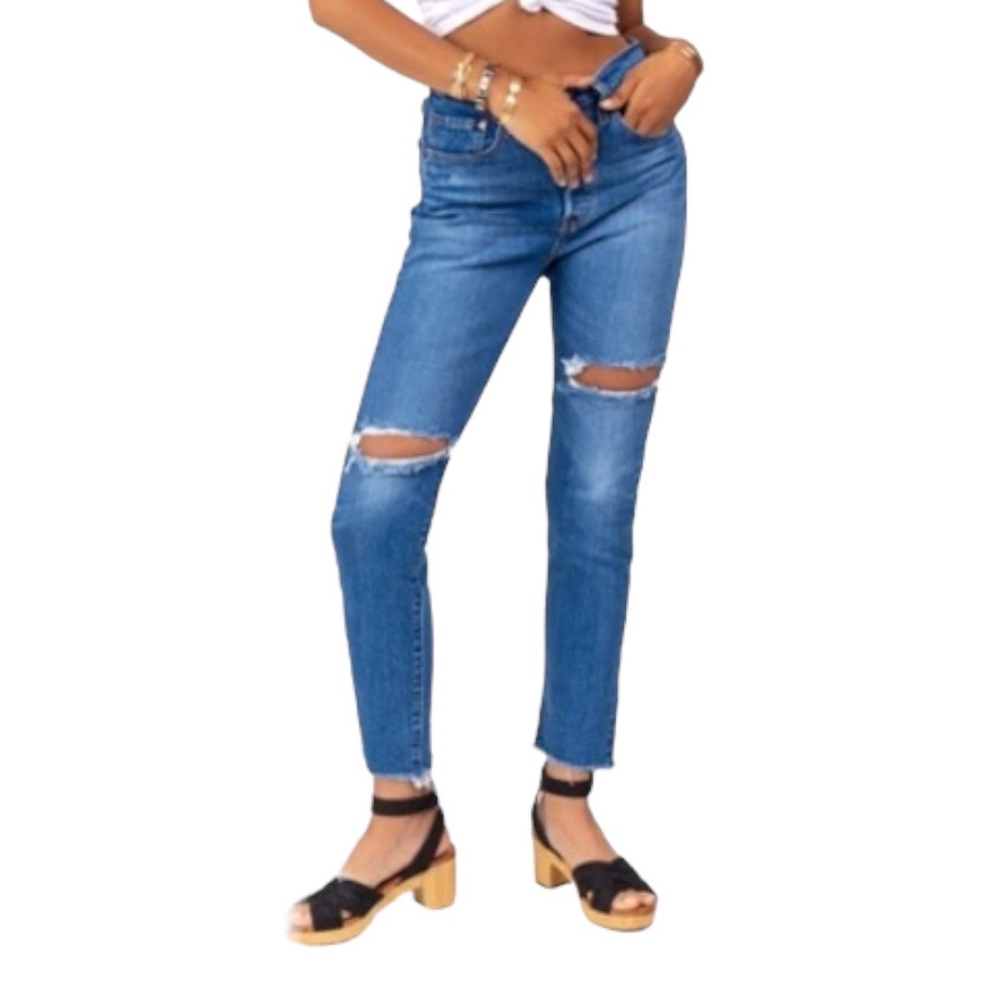 LEVI’S 501 Skinny Medium Wash with Distressing, Button Fly, and Raw Hem